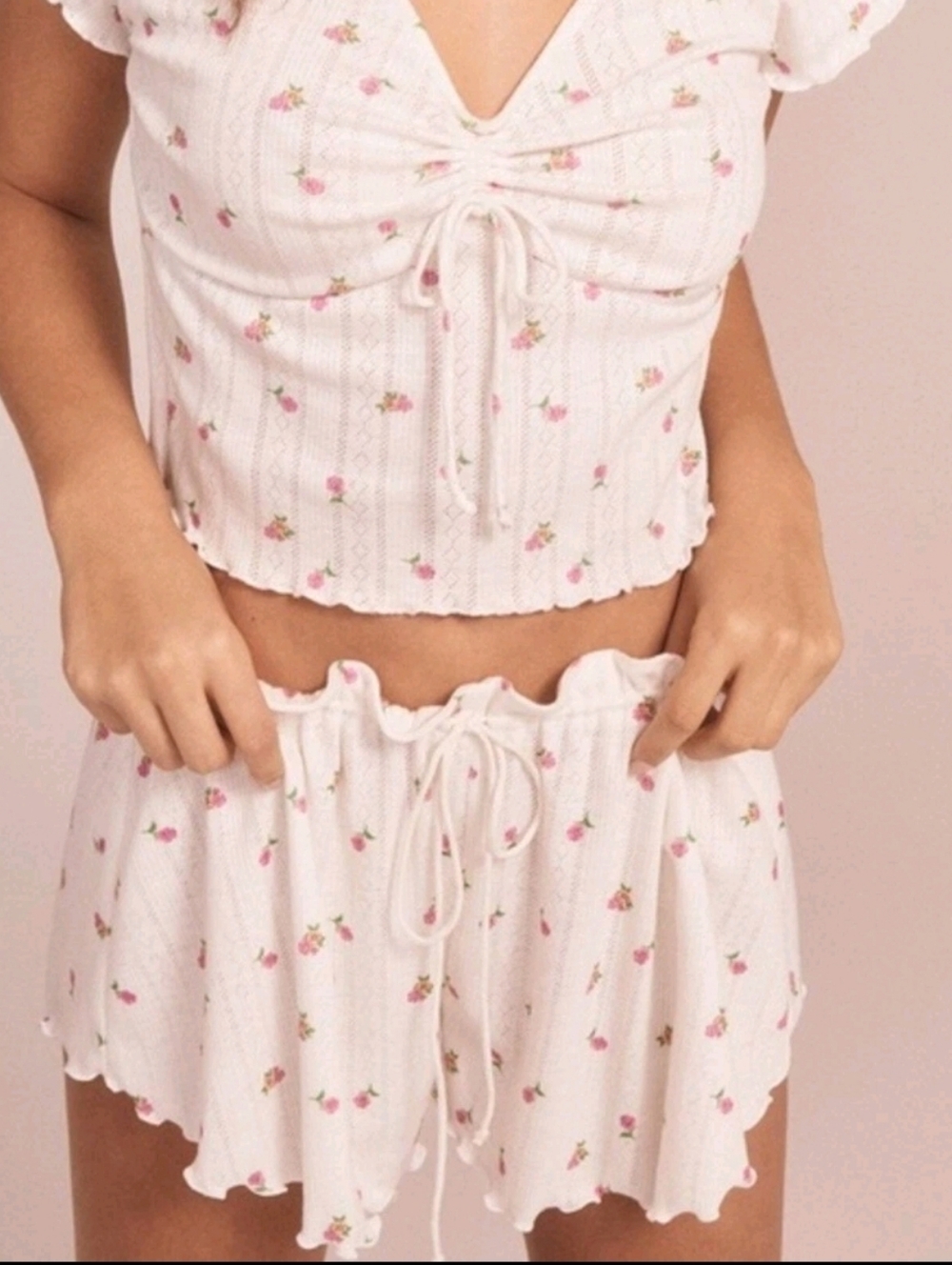 For Love And Lemons Blossom Pointelle Matching Set Pajama Top & Shorts White XS - Picture 1 of 16
